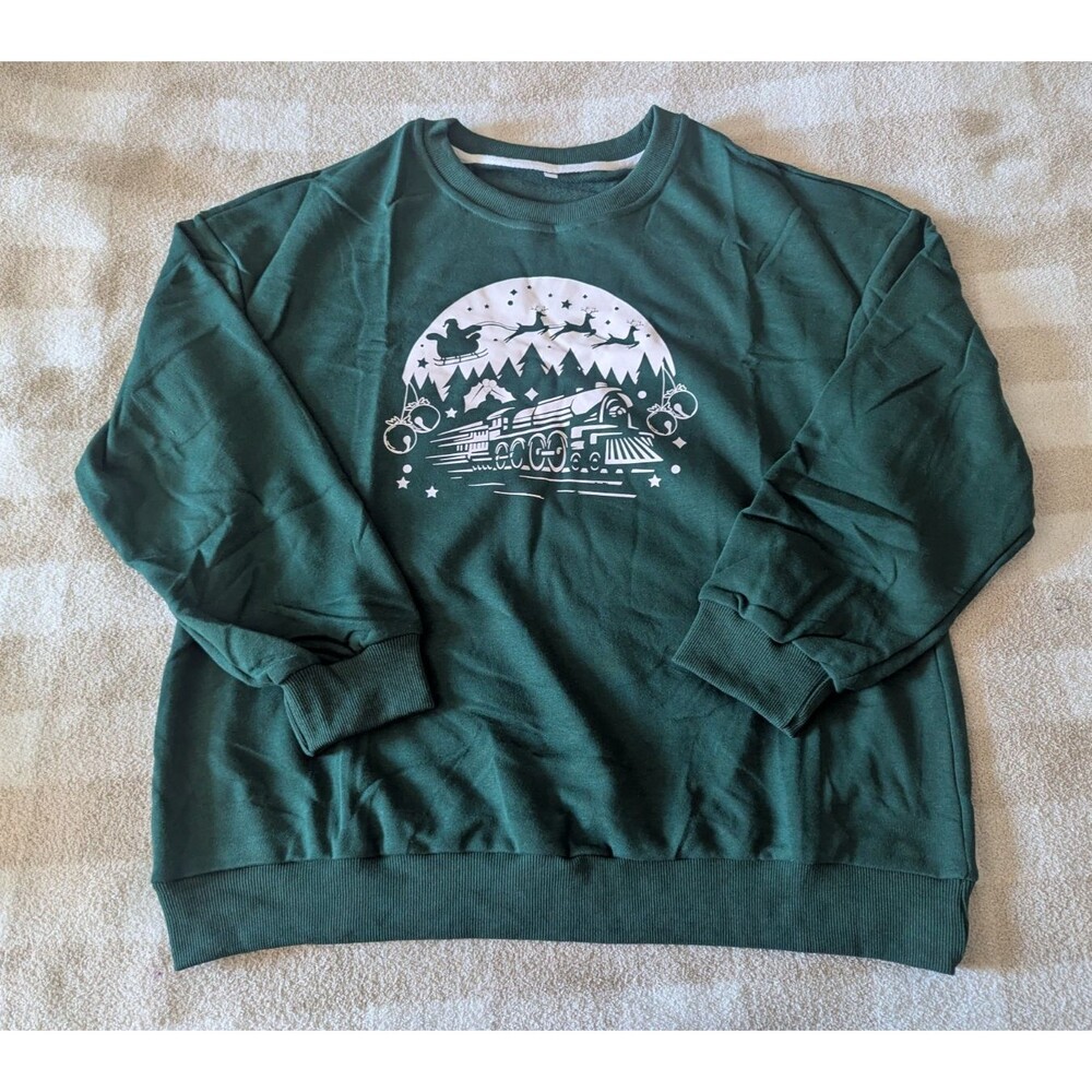 Womens Christmas Sweatshirt Size L Forest Green Train Santa Sleigh NWT